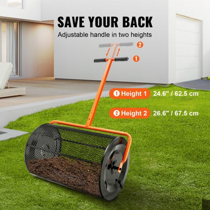 Compost Spreader Height Adjustable Handle Lawn And Garden Peat Moss Roller Black Steel Mesh Basket
