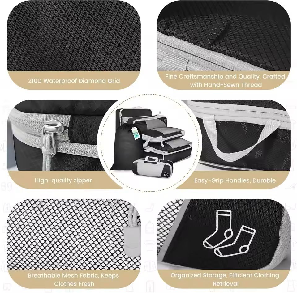 6 Piece Travel Compression Packing Cubes Set With Shoe Bag 1