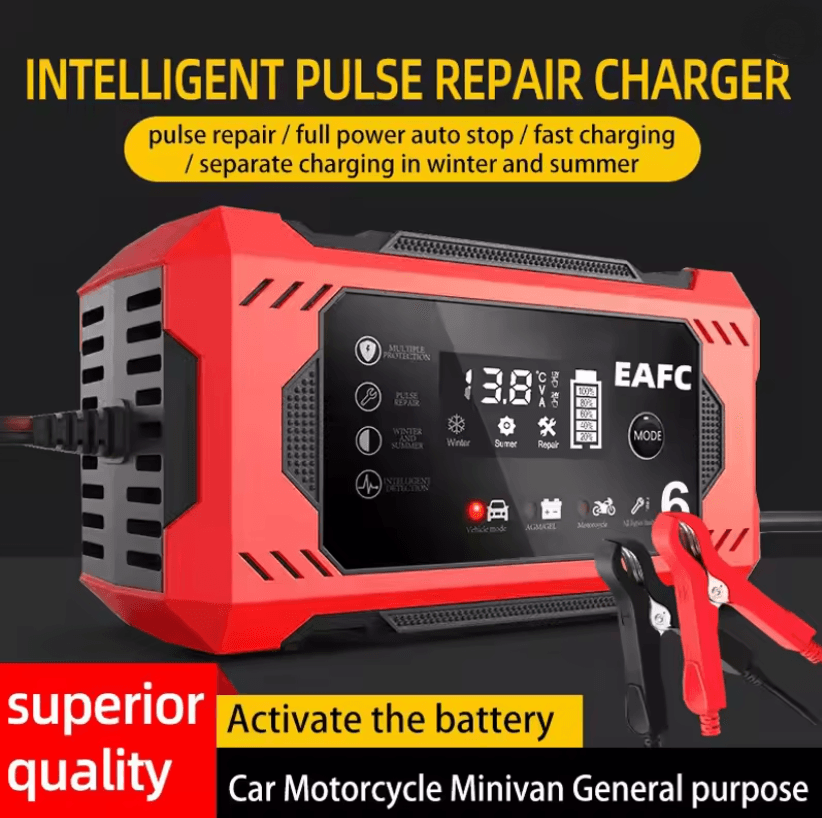 12V 6A Intelligent Car Battery Charger with Pulse Repair and Auto-Stop for Lead Acid Batteries