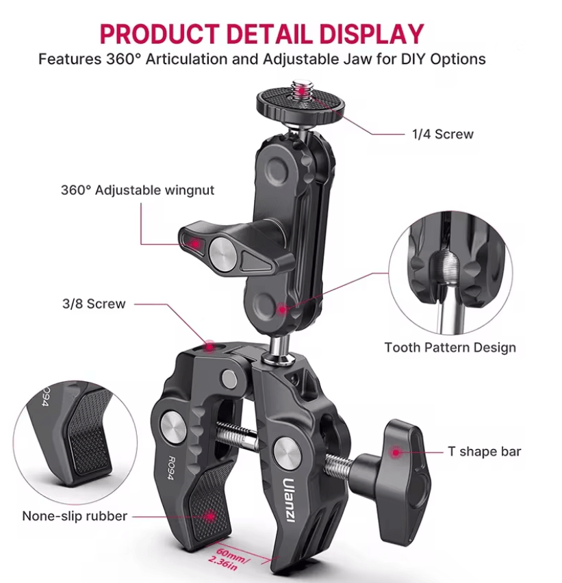 Ulanzi R094 Metal Super Clamp With Double Ball Head Arm For Camera Monitor And Mic Mount 1