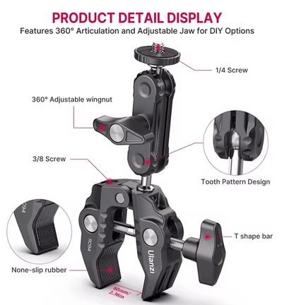 Ulanzi R094 Metal Super Clamp With Double Ball Head Arm For Camera Monitor And Mic Mount 1