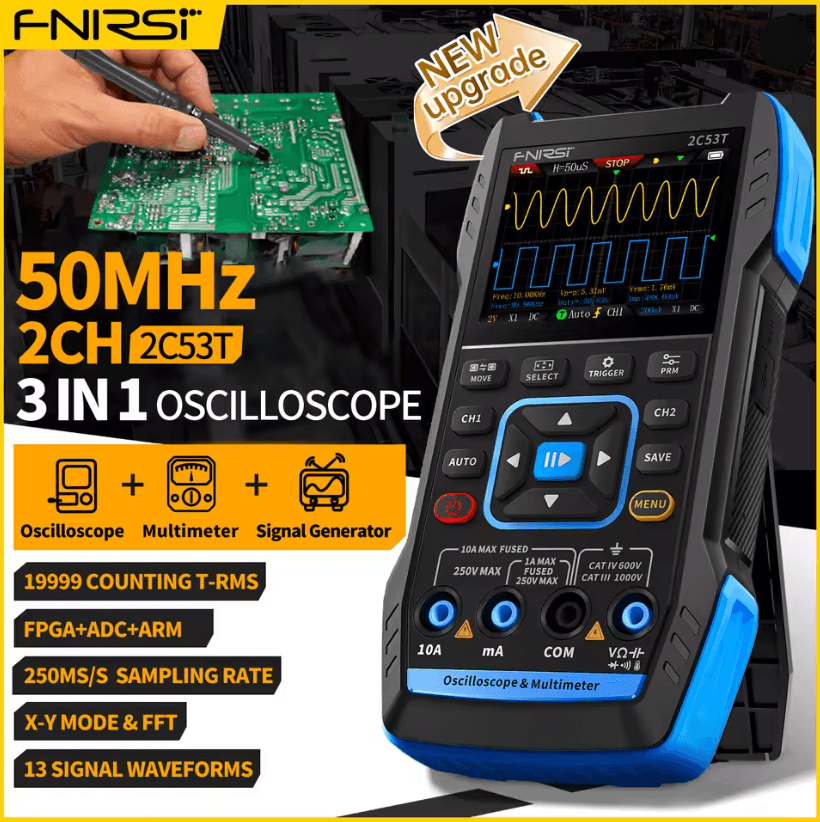 FNIRSI 2C23T Handheld Digital Oscilloscope Multimeter with Signal Generator – Dual Channel 50MHz