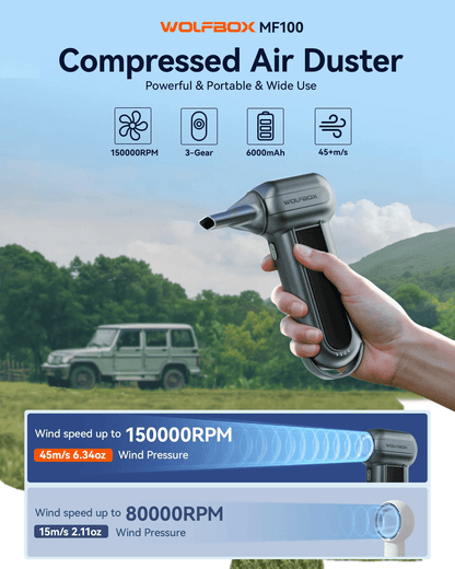WOLFBOX MF100 Cordless Electric Air Duster – 150,000 RPM High-Speed Blower for Electronics, Car, and Outdoor Cleaning