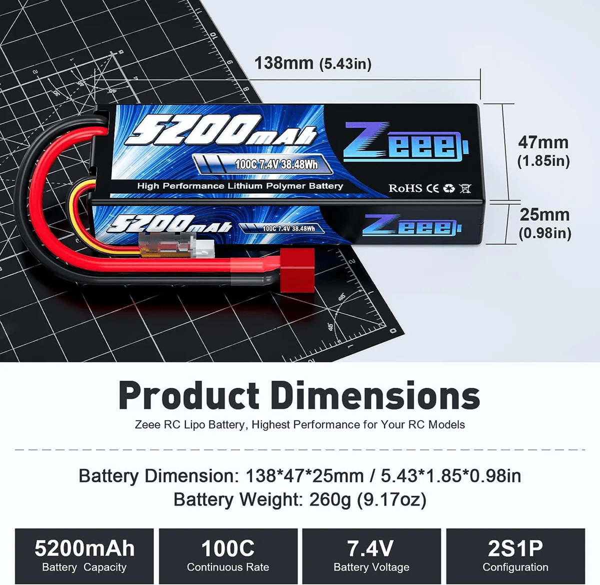 Zeee 2S 74V 100C LiPo Battery Pack With Deans Connector For RC Racing Vehicles 2