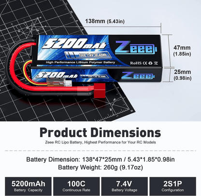 Zeee 2S 74V 100C LiPo Battery Pack With Deans Connector For RC Racing Vehicles 2
