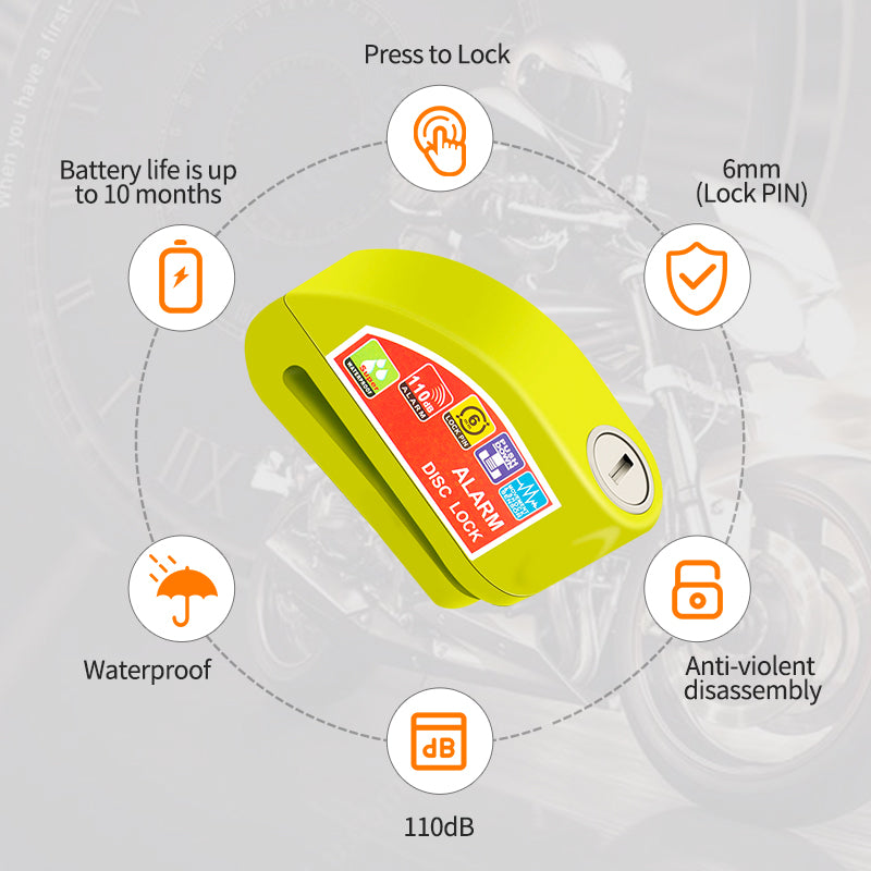 Motorcycle Bicycle Lock Alarm Anti-Theft Disc Brake Padlock with Safety Protection Reminder Rope & Bag, Aluminum Alloy