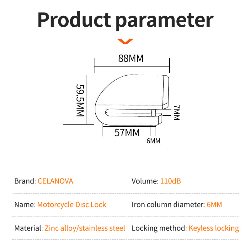 Motorcycle Bicycle Lock Alarm Anti-Theft Disc Brake Padlock with Safety Protection Reminder Rope & Bag, Aluminum Alloy