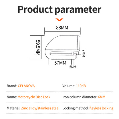 Motorcycle Bicycle Lock Alarm Anti-Theft Disc Brake Padlock with Safety Protection Reminder Rope & Bag, Aluminum Alloy