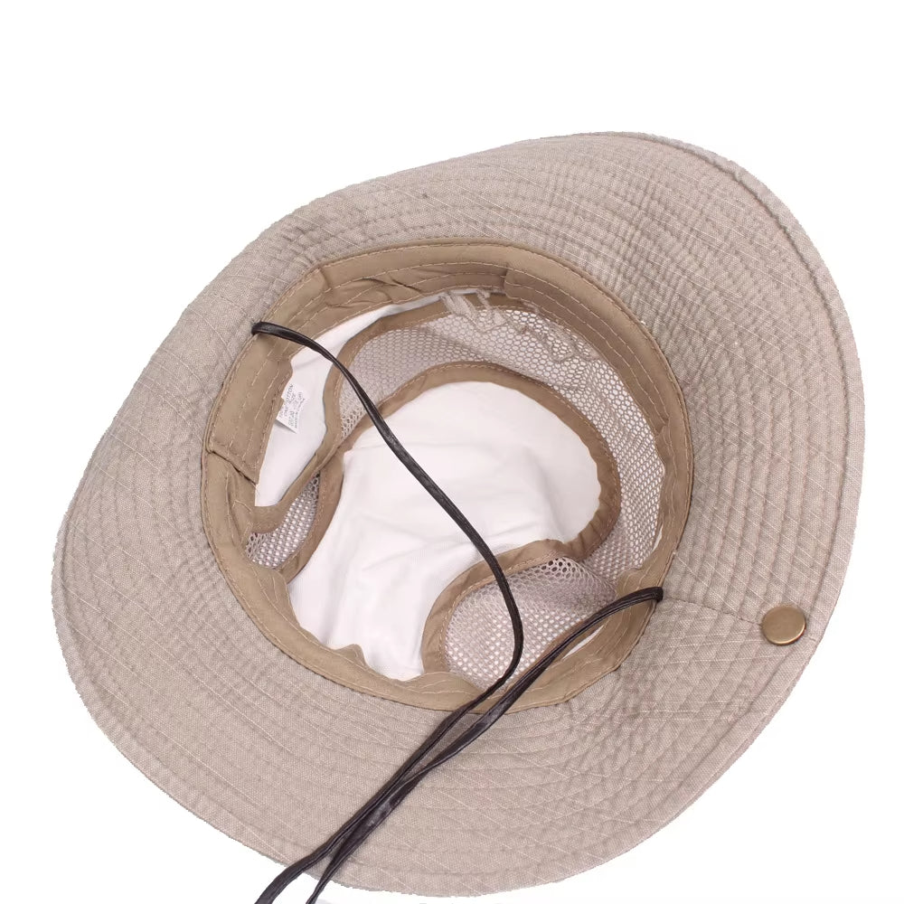 Outdoor Bucket Hat for Men, Summer Breathable Mesh Panama Cap, Cotton Sun Protector Jungle Fishing Hiking Beach Hat