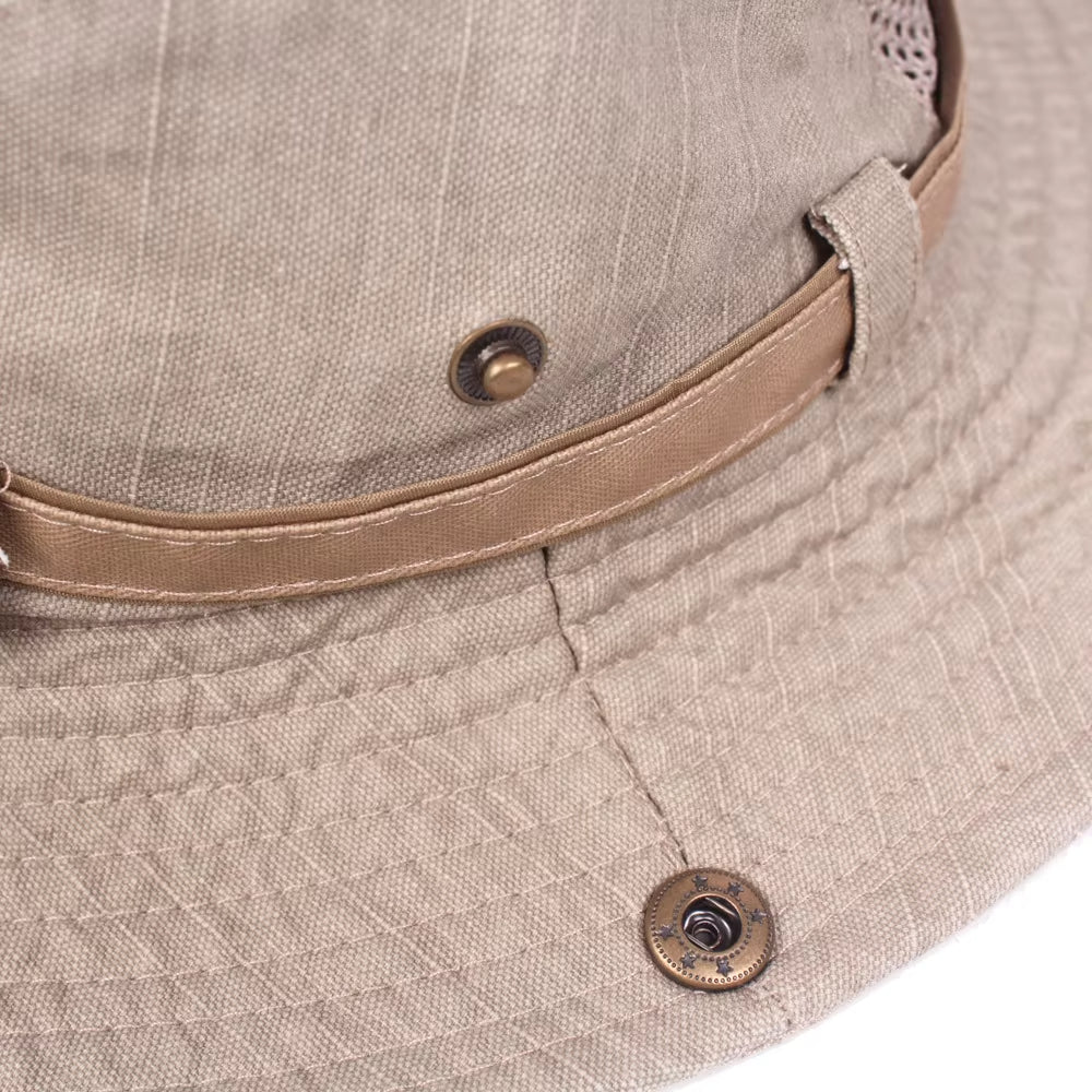 Outdoor Bucket Hat for Men, Summer Breathable Mesh Panama Cap, Cotton Sun Protector Jungle Fishing Hiking Beach Hat