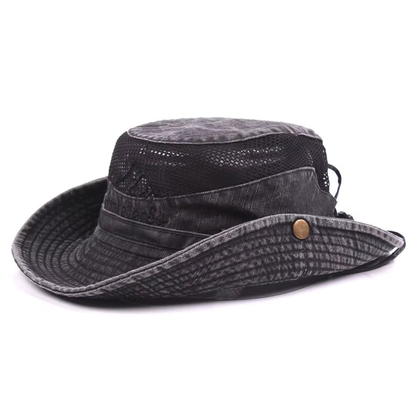Outdoor Bucket Hat for Men, Summer Breathable Mesh Panama Cap, Cotton Sun Protector Jungle Fishing Hiking Beach Hat