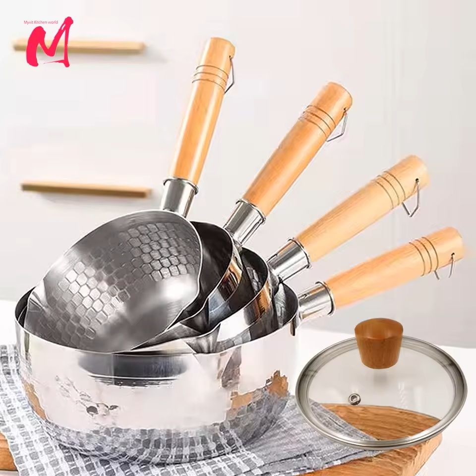 Stainless Steel Saucepan with Wooden Handle and Pour Spouts