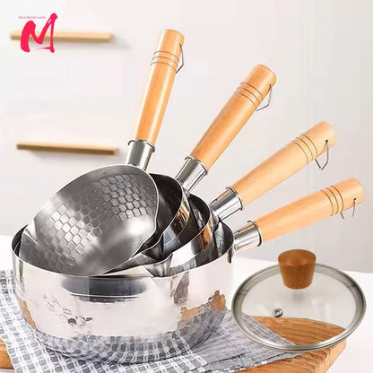 Stainless Steel Saucepan with Wooden Handle and Pour Spouts