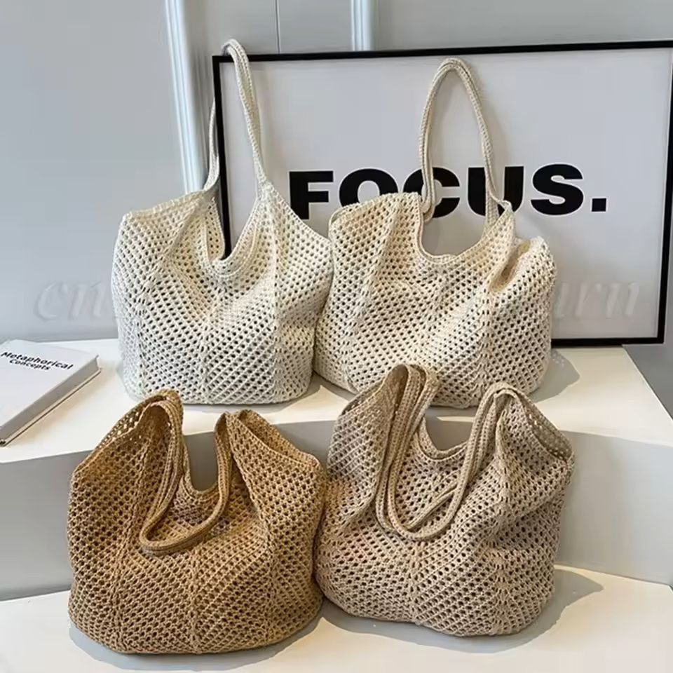 Hollow Woven Shoulder Tote Bag Large Mesh Beach Handbag