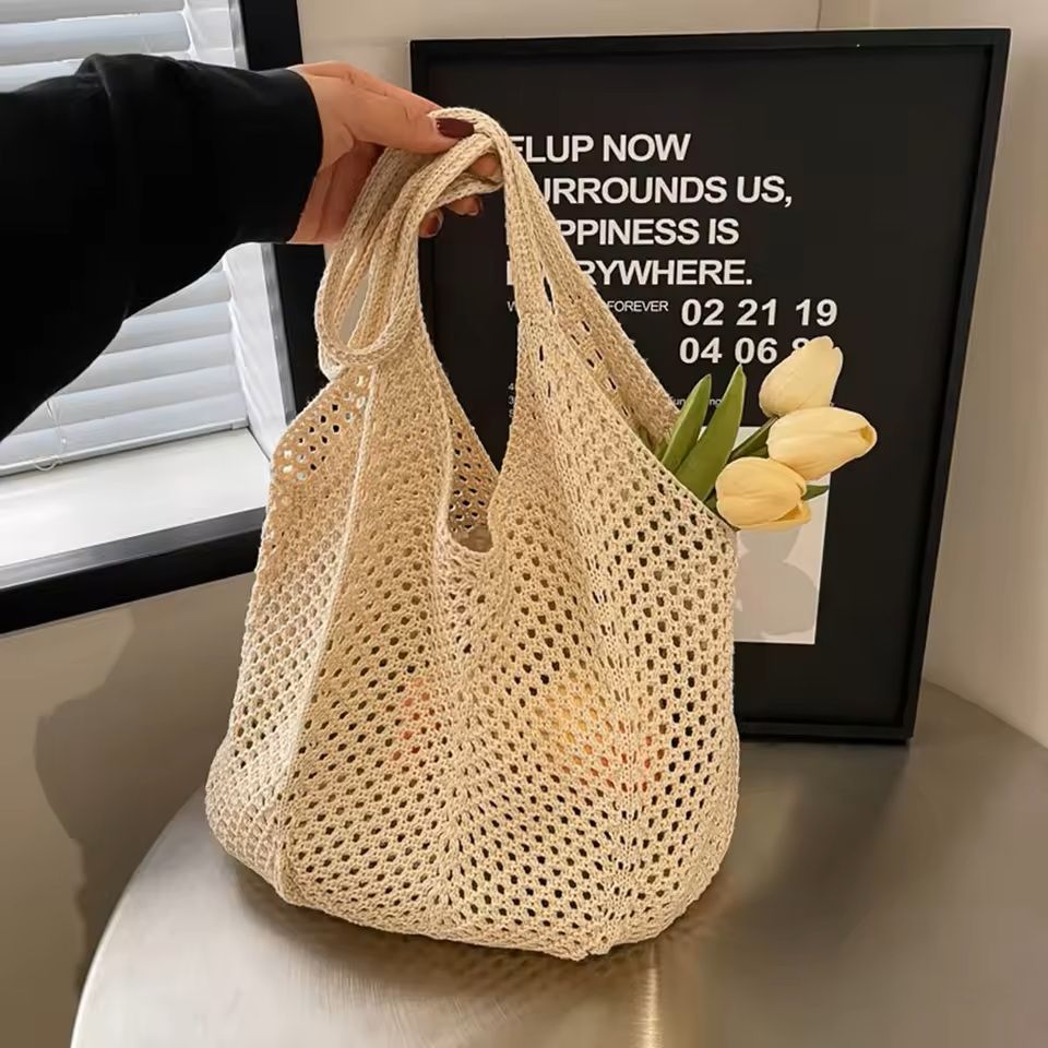 Hollow Woven Shoulder Tote Bag Large Mesh Beach Handbag 1