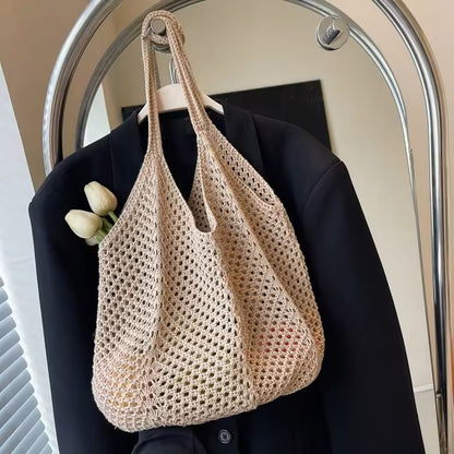 Hollow Woven Shoulder Tote Bag Large Mesh Beach Handbag 2