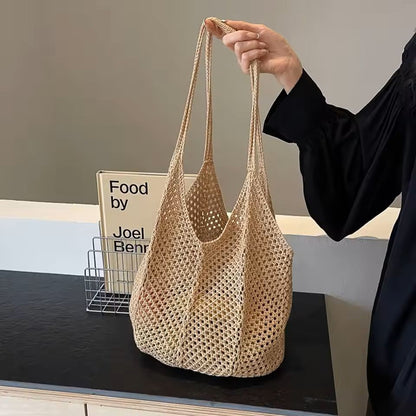 Hollow Woven Shoulder Tote Bag Large Mesh Beach Handbag 3
