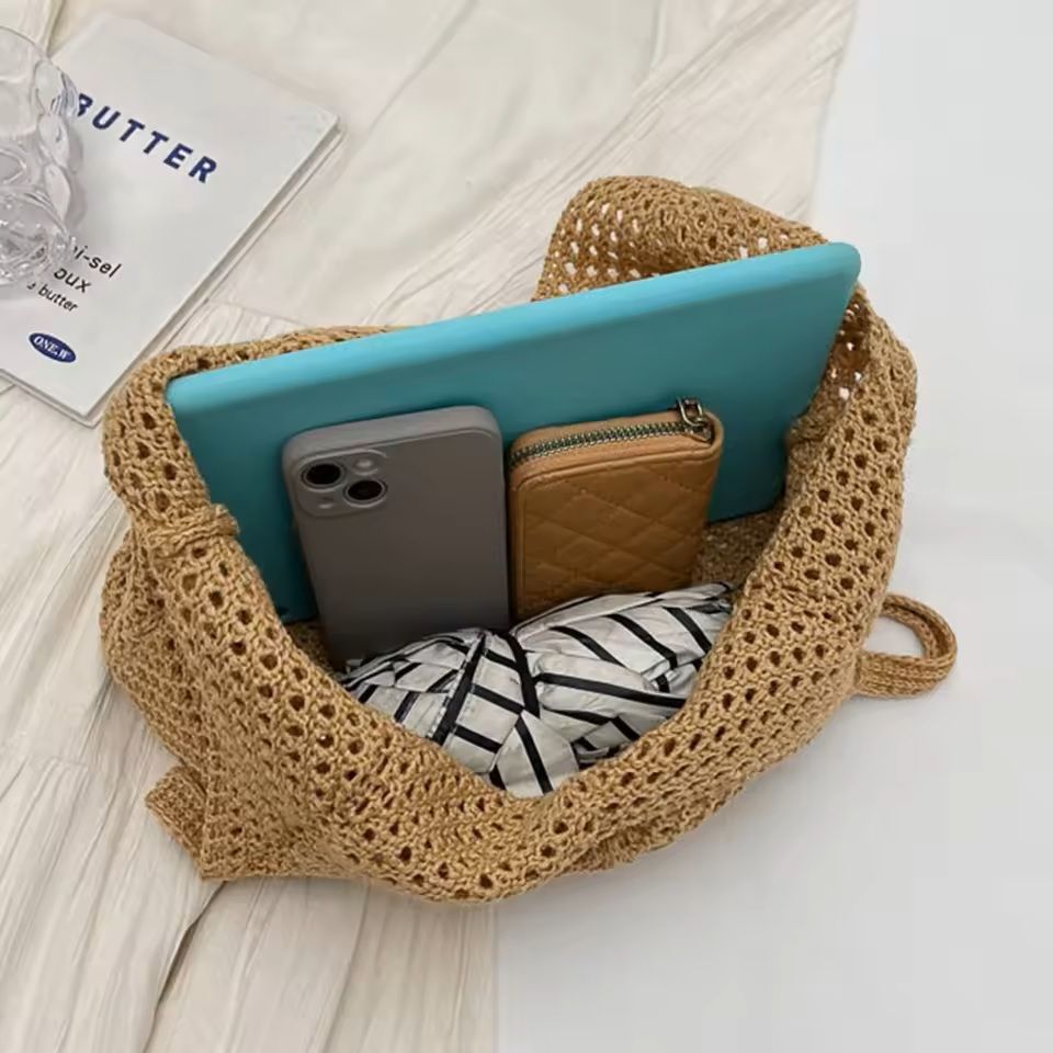 Hollow Woven Shoulder Tote Bag Large Mesh Beach Handbag 4
