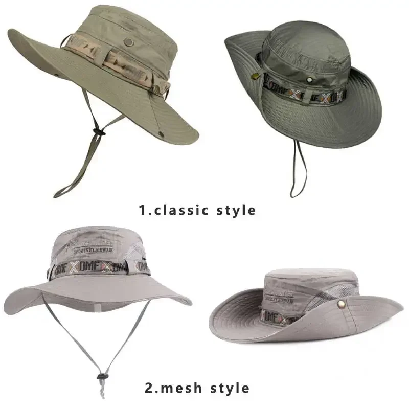 Summer Men Bucket Hat Outdoor UV Protection Wide Brim Panama Safari Hiking Fishing Mesh Hat Beach Sunscreen Cap for Hunt