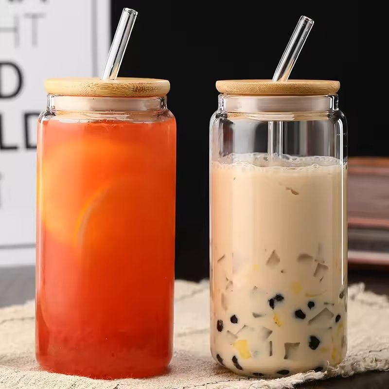 Glass Straw Cup with Dustproof Wooden Lid