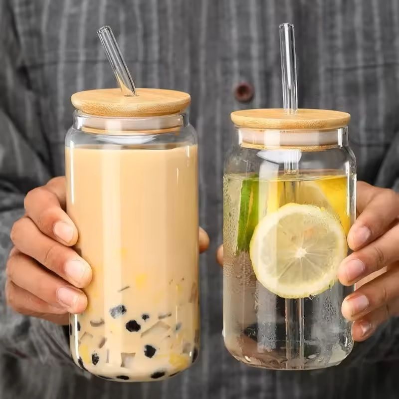 Glass Straw Cup With Dustproof Wooden Lid 2