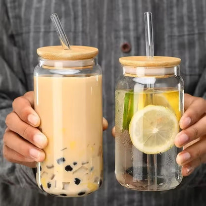 Glass Straw Cup With Dustproof Wooden Lid 2