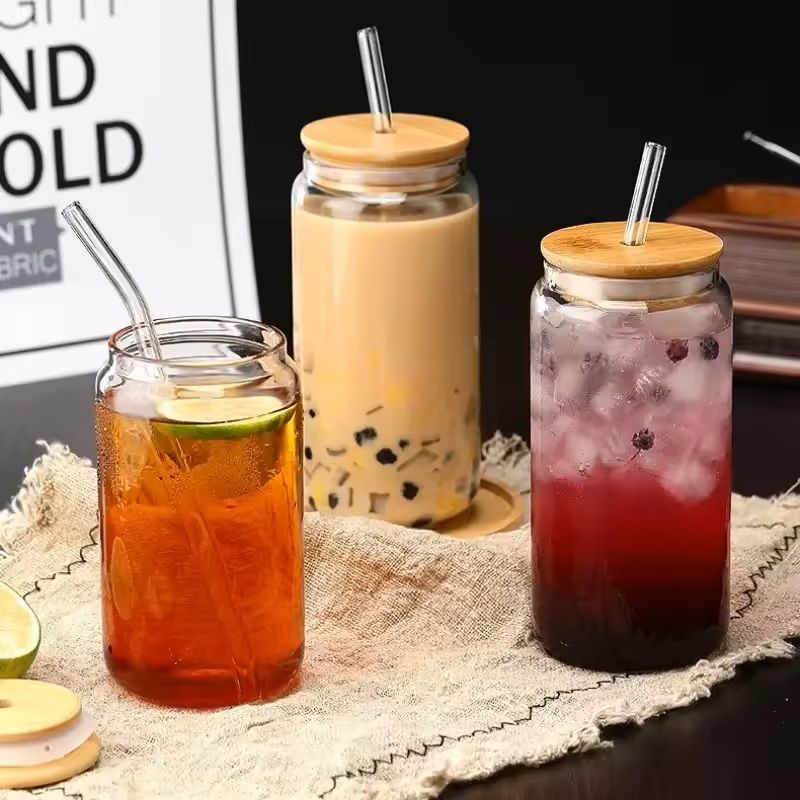 Glass Straw Cup With Dustproof Wooden Lid 3