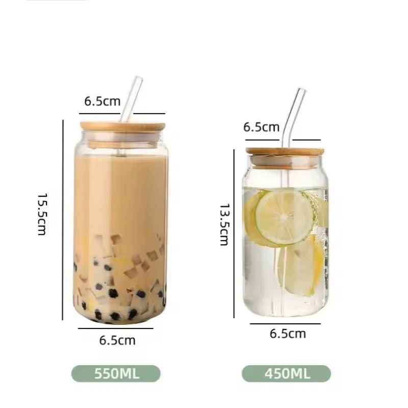Glass Straw Cup With Dustproof Wooden Lid 5