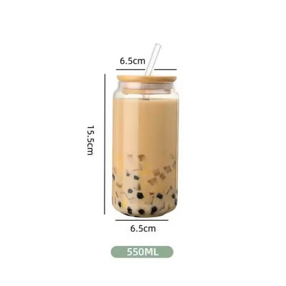 Glass Straw Cup With Dustproof Wooden Lid 7
