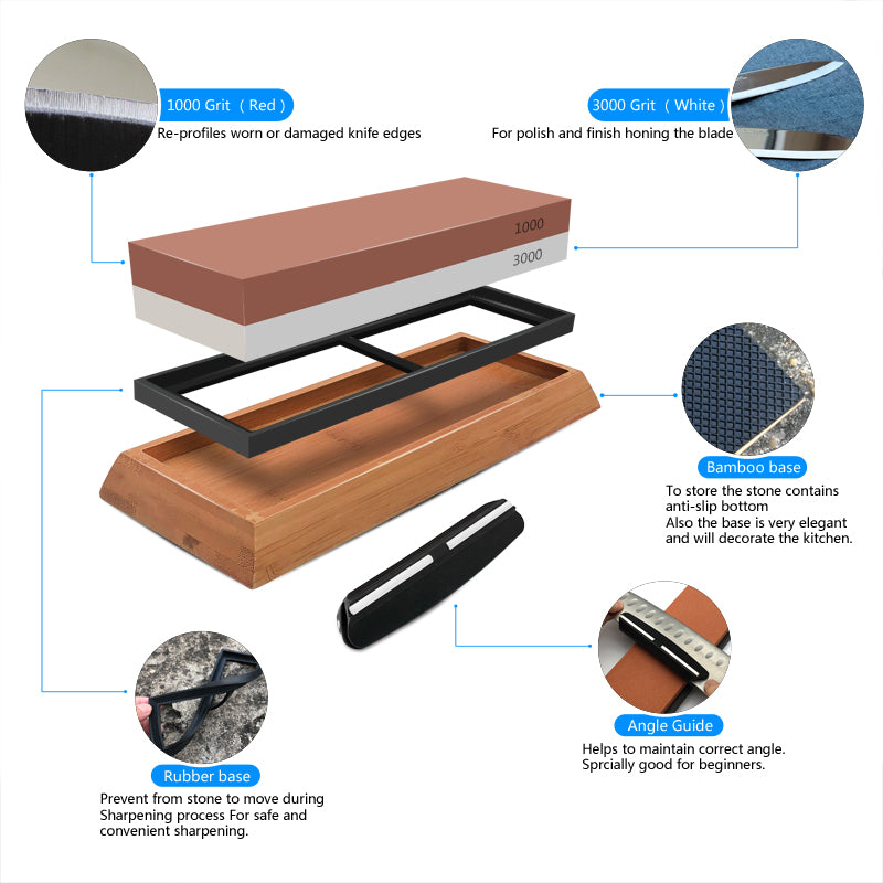 Professional Sharpening Stones Knife Sharpener Kit, Double-Side Whetstone Grinder Stone with Bamboo Base & Angle Guide