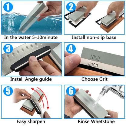 Professional Sharpening Stones Knife Sharpener Kit, Double-Side Whetstone Grinder Stone with Bamboo Base & Angle Guide