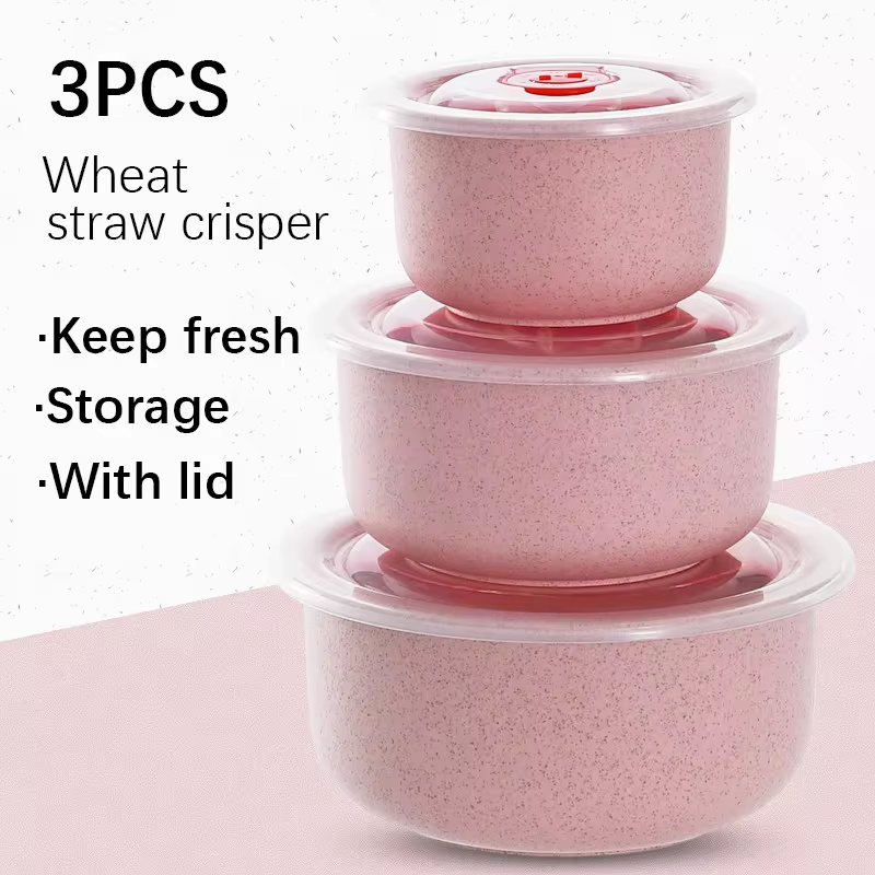 3pcs Wheat Straw Food Storage Bowls with Lids, Microwaveable Plastic Lunch Box Set, Eco-Friendly Fresh-Keeping