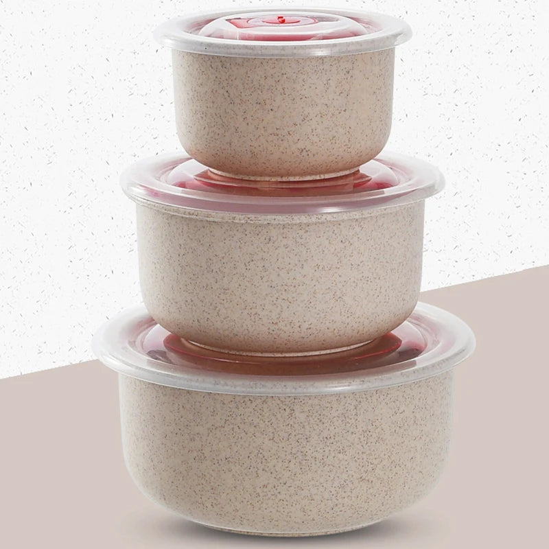 3pcs Wheat Straw Food Storage Bowls with Lids, Microwaveable Plastic Lunch Box Set, Eco-Friendly Fresh-Keeping