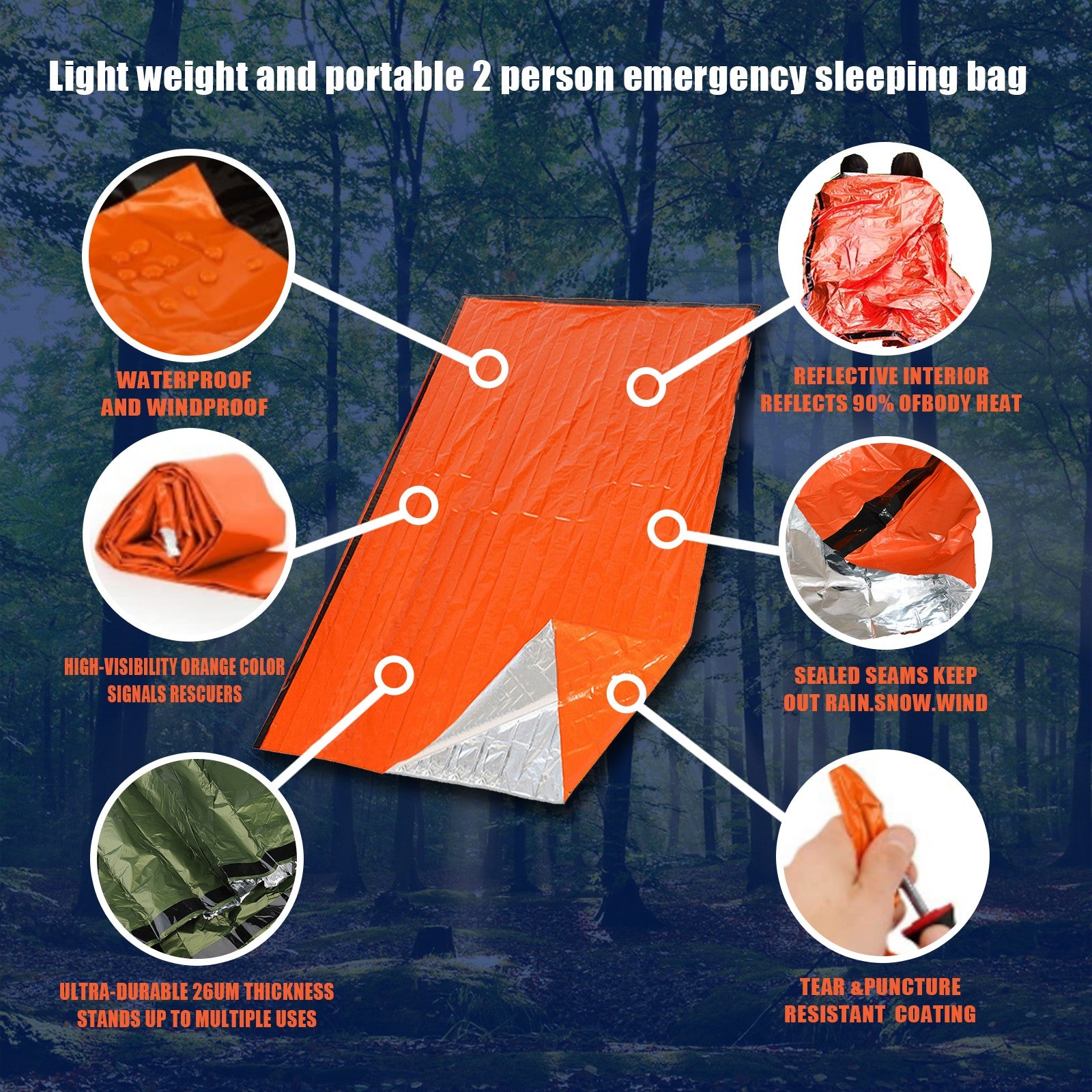 Portable Waterproof Emergency Survival Sleeping Bag, Outdoor EDC Thermal Sack, First Aid Rescue Kit Mylar Blanket
