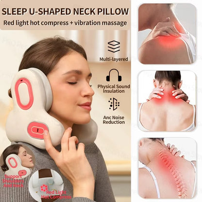 Wireless Neck Massager with Red Light Hot Compress, Massager Sleep Noise Reduction U-Shaped Neck Pillow Massager
