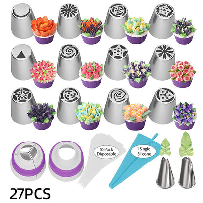 Russian Cake Piping Nozzles Set Stainless Steel Icing Tips with Disposable Pastry Bags for Cupcake Decorating and Baking