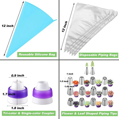 Russian Cake Piping Nozzles Set Stainless Steel Icing Tips with Disposable Pastry Bags for Cupcake Decorating and Baking