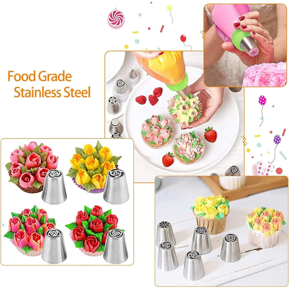 Russian Cake Piping Nozzles Set Stainless Steel Icing Tips with Disposable Pastry Bags for Cupcake Decorating and Baking