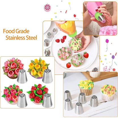 Russian Cake Piping Nozzles Set Stainless Steel Icing Tips with Disposable Pastry Bags for Cupcake Decorating and Baking