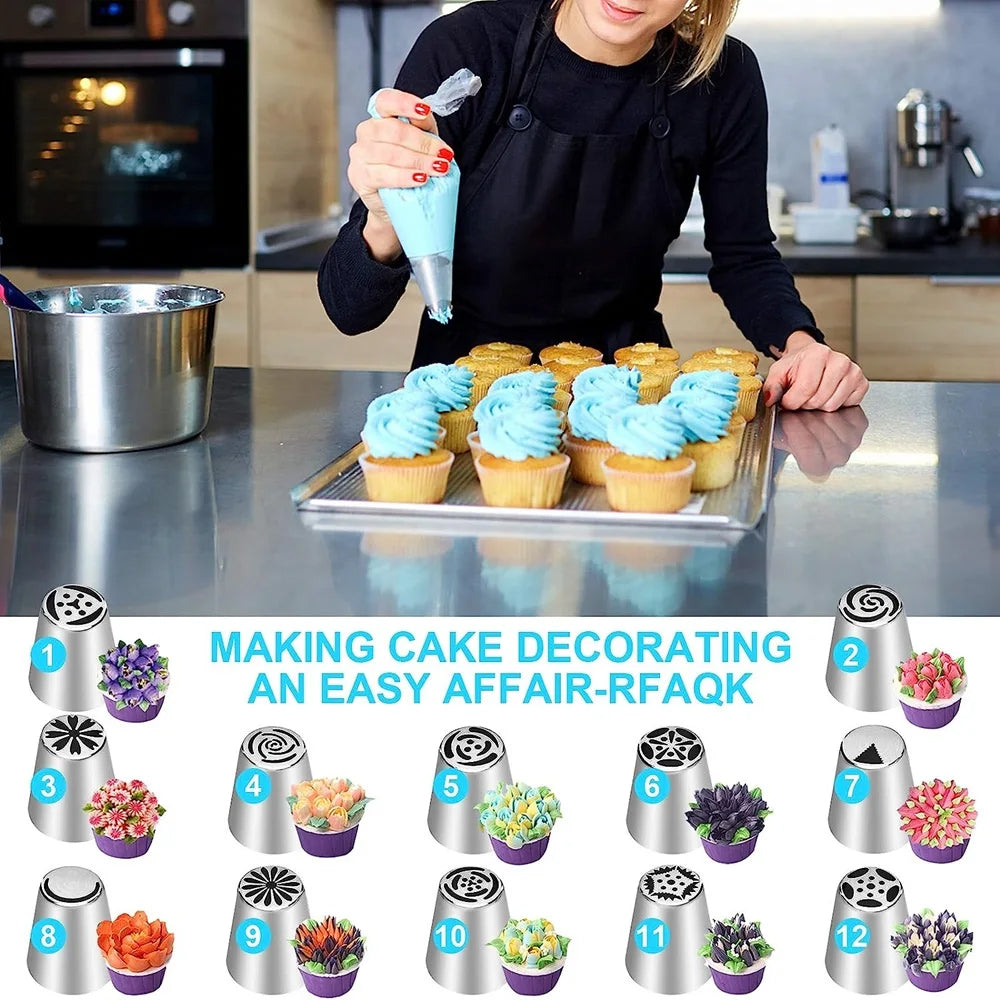 Russian Cake Piping Nozzles Set Stainless Steel Icing Tips with Disposable Pastry Bags for Cupcake Decorating and Baking