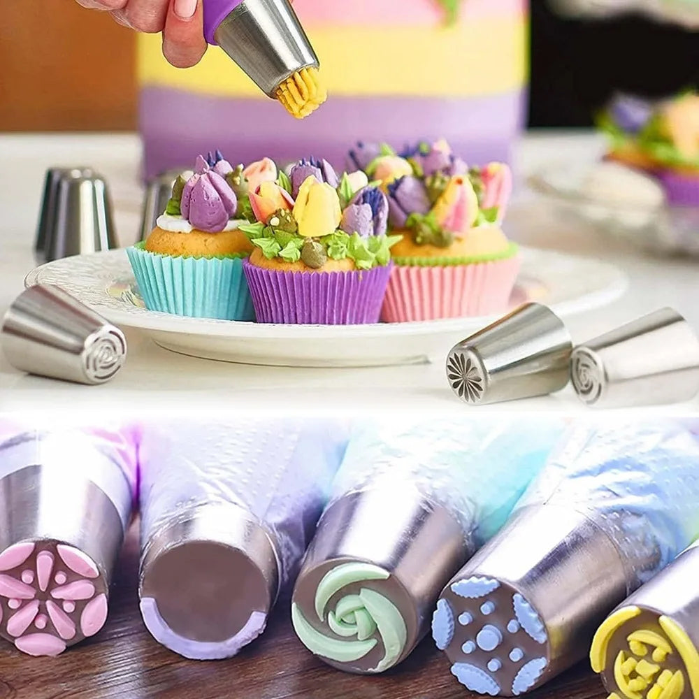 Russian Cake Piping Nozzles Set Stainless Steel Icing Tips with Disposable Pastry Bags for Cupcake Decorating and Baking