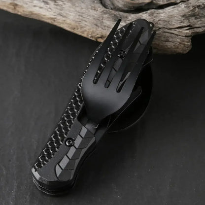 Camping Folding Knife Spoon Fork Multi-Tool, Stainless Steel Outdoor Utensil Set with Comfortable Grip & Bottle Opener