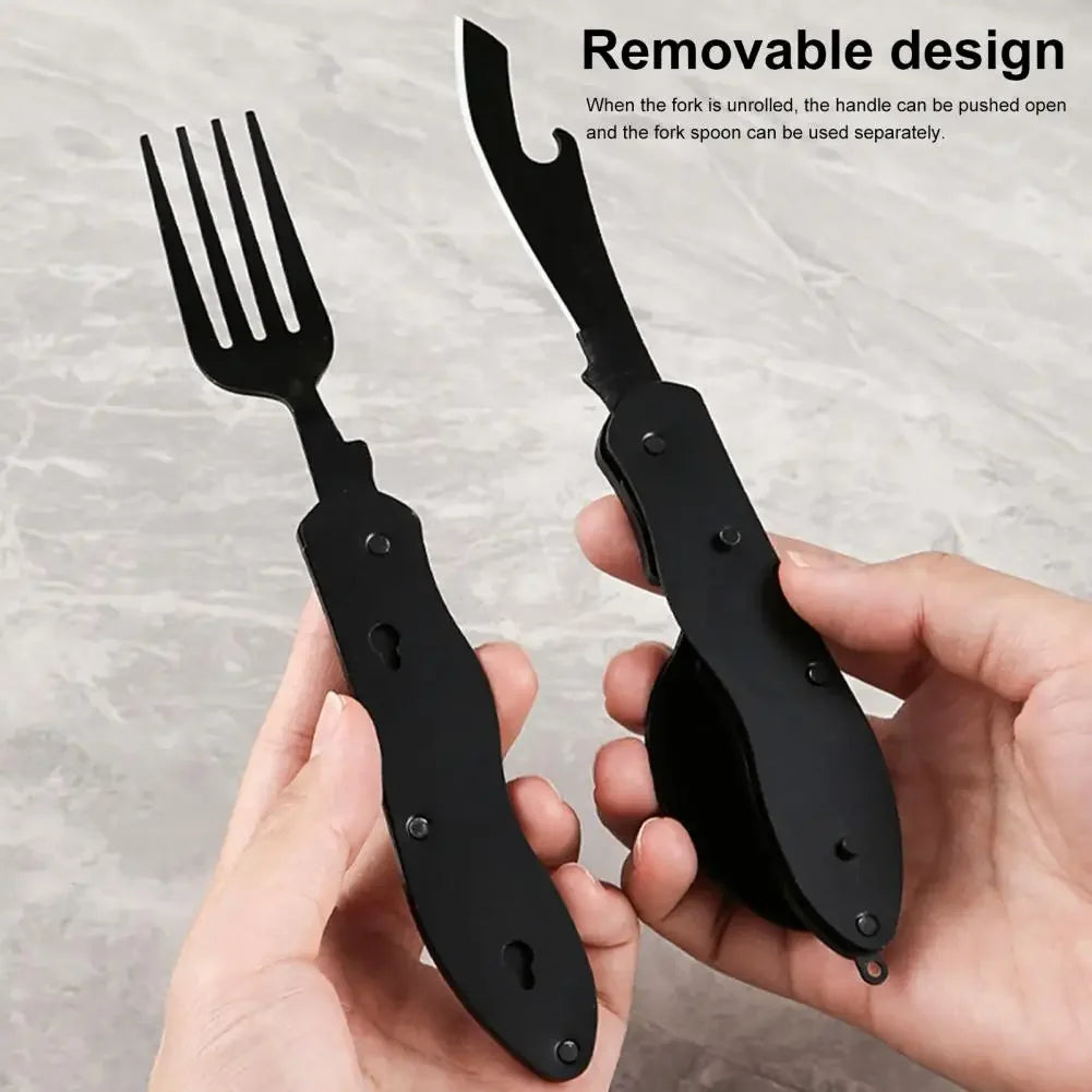 Camping Folding Knife Spoon Fork Multi-Tool, Stainless Steel Outdoor Utensil Set with Comfortable Grip & Bottle Opener