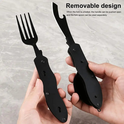 Camping Folding Knife Spoon Fork Multi-Tool, Stainless Steel Outdoor Utensil Set with Comfortable Grip & Bottle Opener