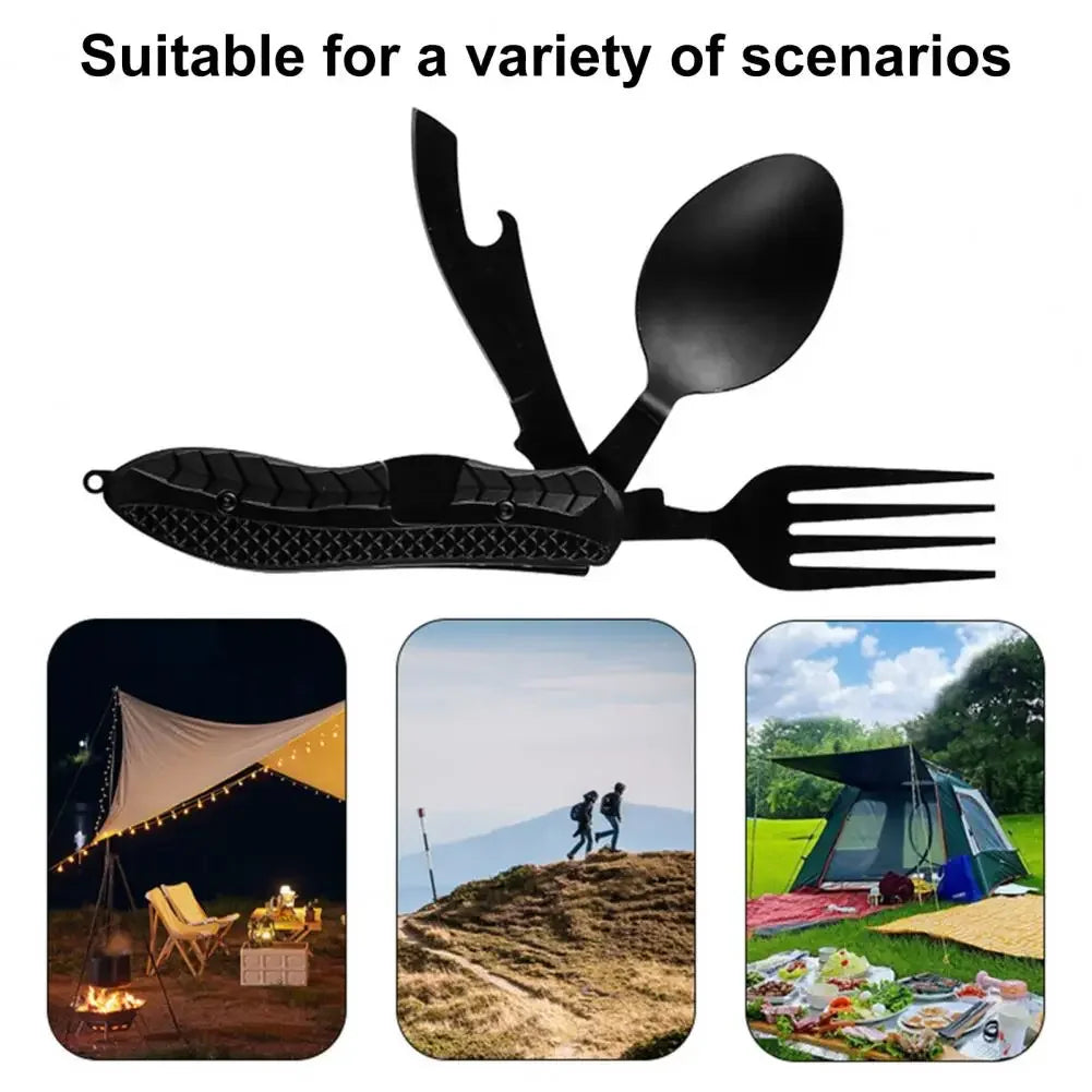 Camping Folding Knife Spoon Fork Multi-Tool, Stainless Steel Outdoor Utensil Set with Comfortable Grip & Bottle Opener