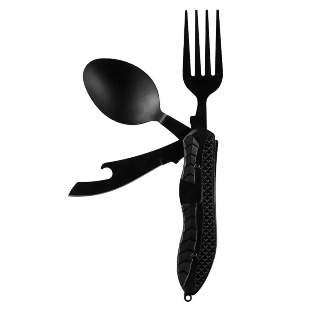 Camping Folding Knife Spoon Fork Multi-Tool, Stainless Steel Outdoor Utensil Set with Comfortable Grip & Bottle Opener