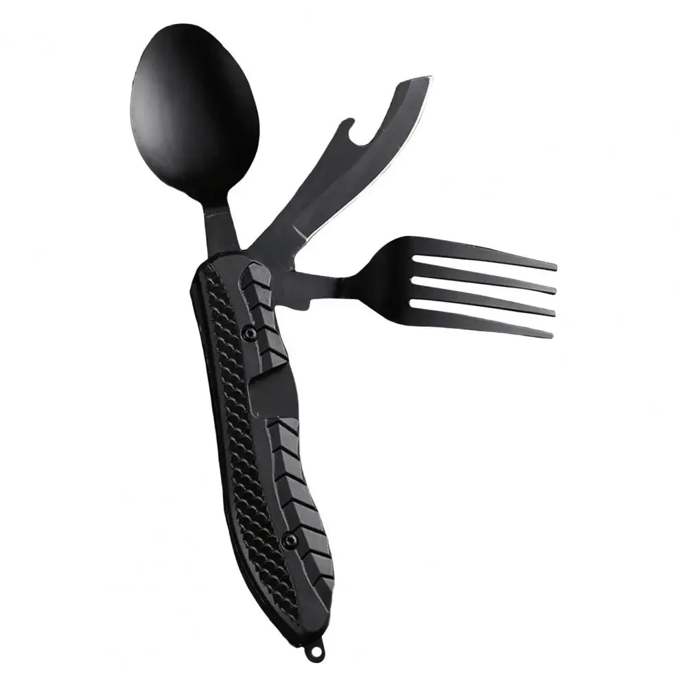 Camping Folding Knife Spoon Fork Multi-Tool, Stainless Steel Outdoor Utensil Set with Comfortable Grip & Bottle Opener