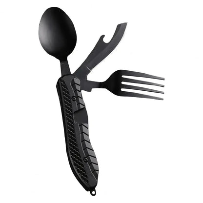 Camping Folding Knife Spoon Fork Multi-Tool, Stainless Steel Outdoor Utensil Set with Comfortable Grip & Bottle Opener
