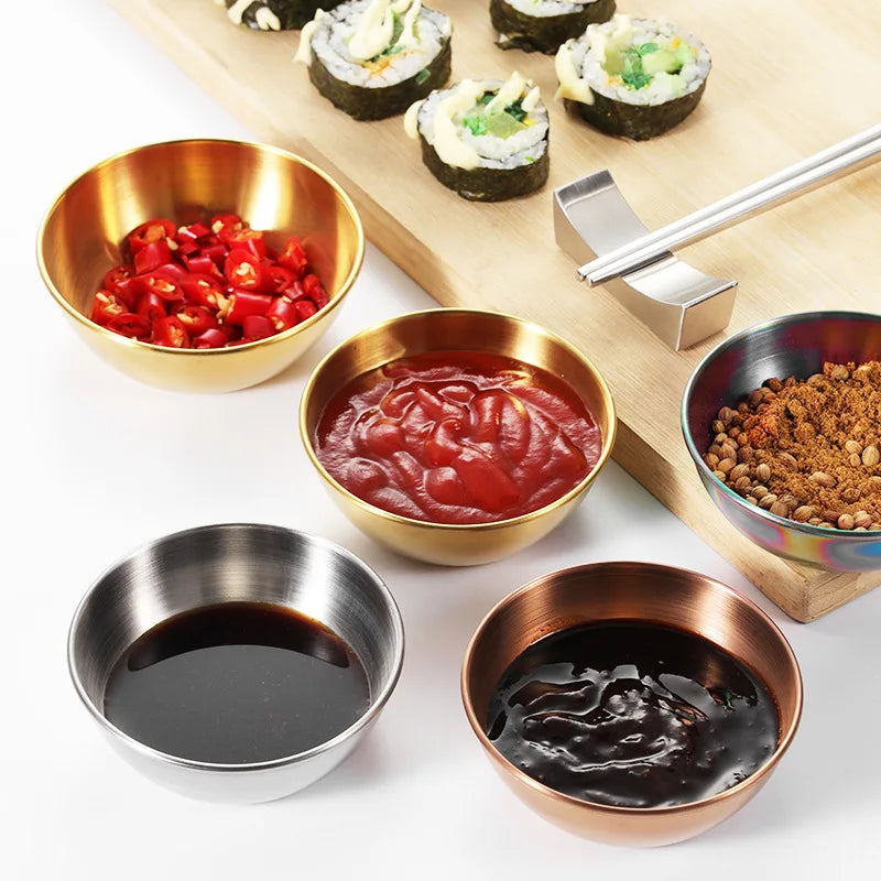 Stainless Steel Golden Appetizer & Seasoning Dishes, Serving Tray Set, Spice Plates, Sauce Bowls for Kitchen Tableware