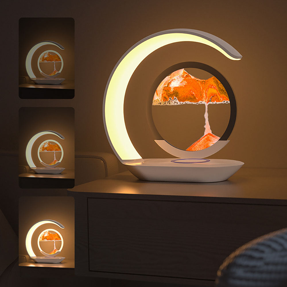 Quicksand Table Lamp Wireless Charging Desk Lamp, 3D Hourglass Sand Painting Ornaments Night Light for Office Room Decor